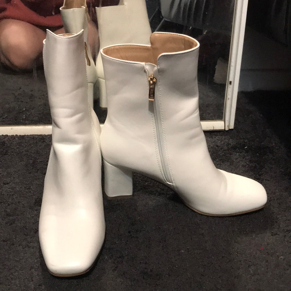 White faux leather booties gold zipper